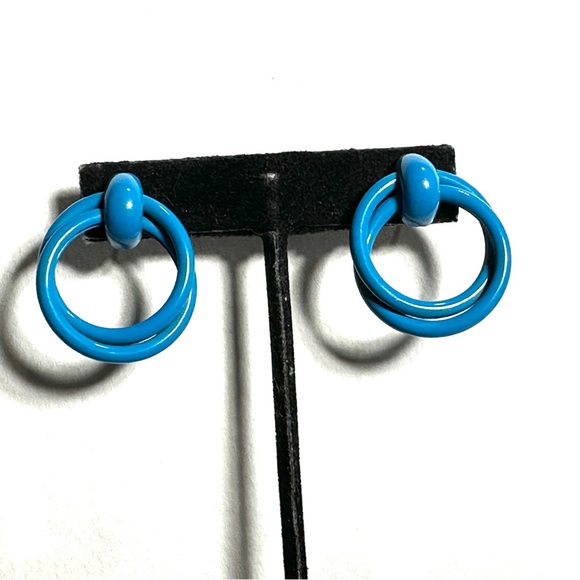 Vintage Azure Blue Double Hoop Earrings Door Knocker Look Retro 1980s - Picture 4 of 5